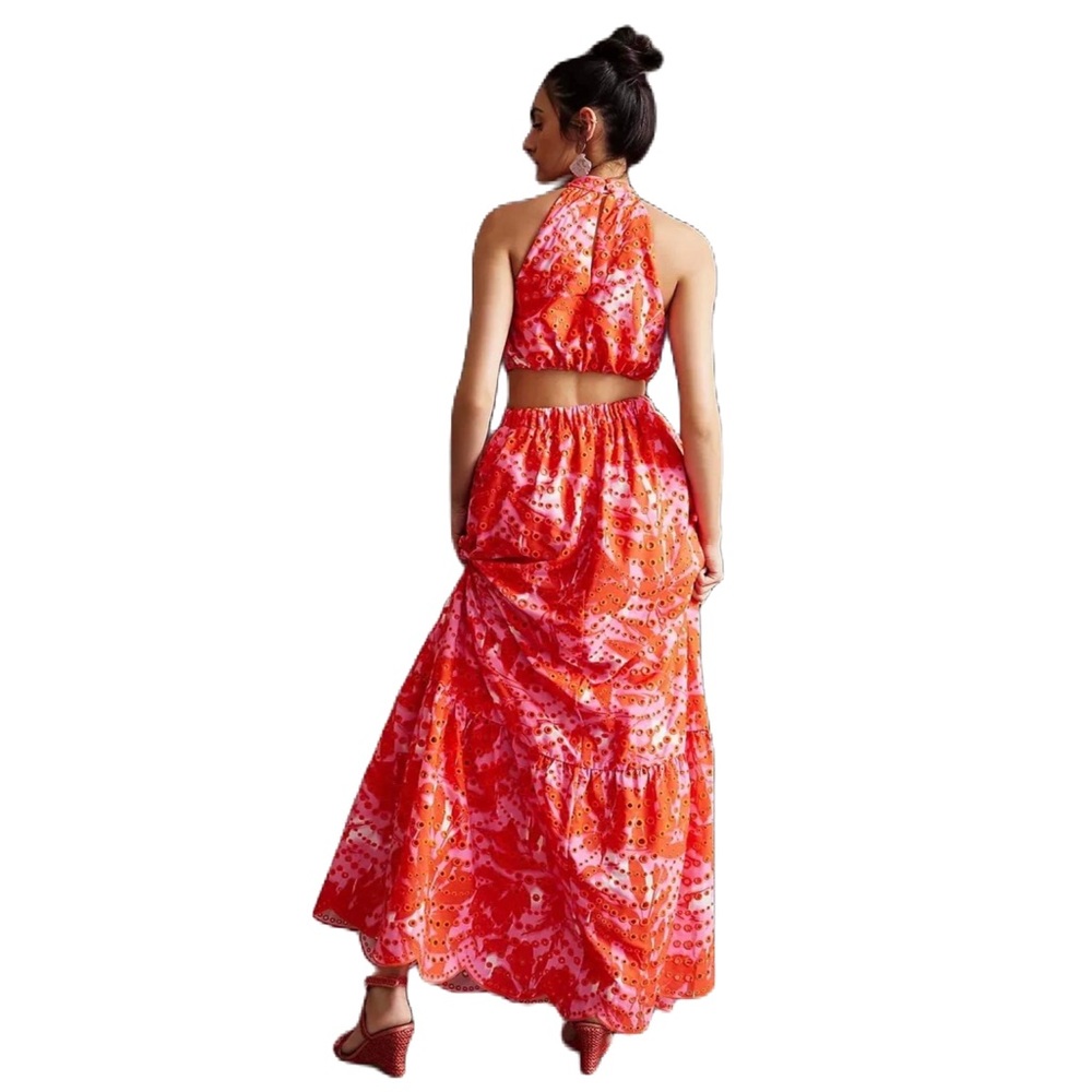 Anthropologie x Monique Lhuiller Cut-Out Eyelet Lace Halter Gown Size 0 - Picture 3 of 11